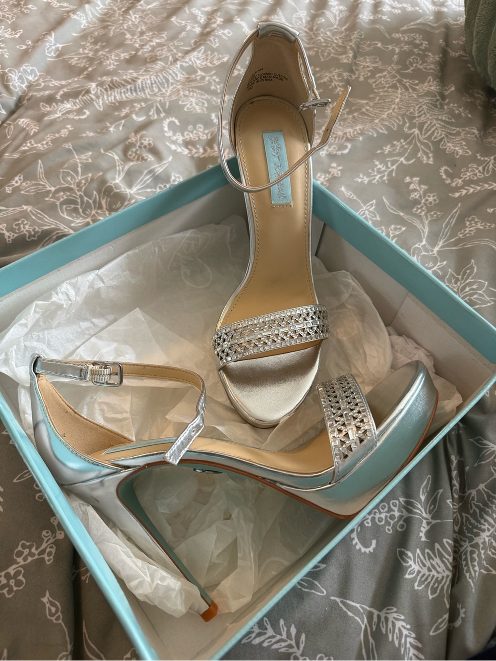 Blue by Betsey Johnson Silver Crystal Ankle-Strap High Heels